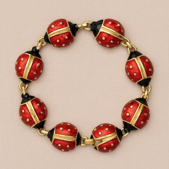 Vintage Gold Red Enamel Ladybug Bracelet – Whimsical Retro Charm Jewelry - Picture 5 of 5